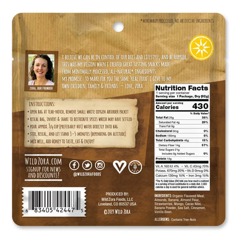 The back of the Wild Zora Meals to Go - All Flavors Variety 7-Pack shows nutrition facts, ingredients, brand story, founders photo, social icons, website, and barcode—highlighting healthy meals made with grass-fed beef and simple ingredients.