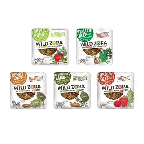 Five Wild Zora Bars - All Flavors Variety 5-Pack are shown in two rows, featuring Apple Pork, Italian Beef, Curry Turkey, Mediterranean Lamb & BBQ Beef flavors with colorful organic veggie illustrations on each package.