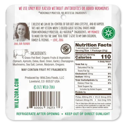 Back of Wild Zora Bars - All Flavors Variety 5-Pack shows ingredients, nutrition facts, storage info, company details, and a founders note. Features: all-natural ingredients, grass-fed beef, no antibiotics/hormones, organic vegetables.