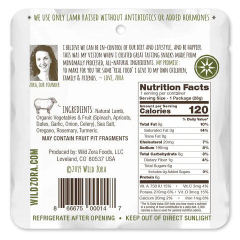 Back of a Wild Zora Bars - All Flavors Variety 5-Pack package with nutrition facts, ingredients like grass-fed beef and organic veggies, founders note, barcode, Paleo Meat Bar label, refrigeration info after opening. Green/black text on white.
