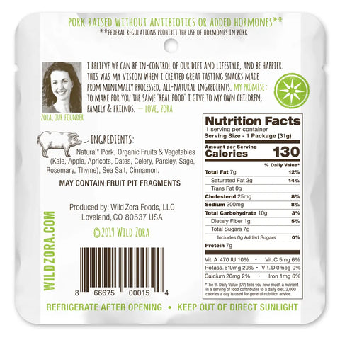 Back of a Wild Zora Bars All Flavors Variety 5-Pack shows ingredients like grass-fed beef and organic vegetables, nutrition facts, founder’s note, claims such as “pork raised without antibiotics,” plus contact info and storage instructions.