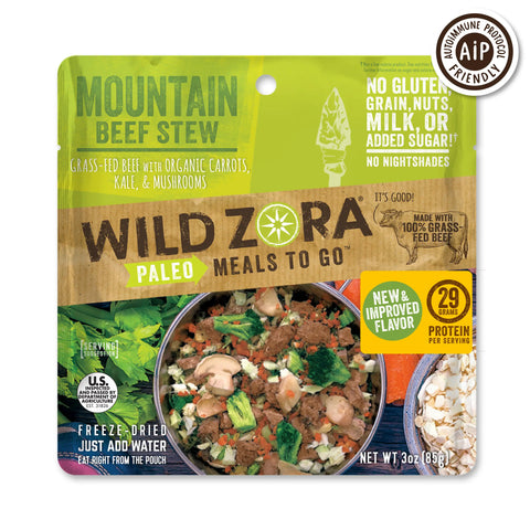 Wild Zora Meals to Go - Mountain Beef Stew (Single Serving) is a hearty freeze-dried meal with beef and veggies. It’s AIP friendly, contains no gluten, grains, nuts, milk, or added sugar—perfect for backpacking trips.