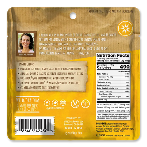 Back of a Wild Zora Meals to Go - Palisade Pineapple Mango (Vegan) pack shows the founders photo, healthy snack info, nutrition facts, ingredients (with pineapple mango), social icons, barcode, and single-serve meal prep instructions.