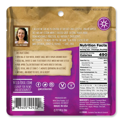 Back of a Wild Zora Meals to Go - Cliffside Coconut Berry (Vegan) pack showing nutrition facts, ingredients, instructions, founder’s photo, social media info, barcode, and company details on a purple and brown background—ideal for on-the-go meals.