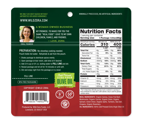 Back of a Wild Zora Quinoa Meals – Harvest Beef With Mushrooms, Garlic & Oregano package shows nutrition info, preparation steps, ingredients, a founder’s note, and extra virgin olive oil label on a green pack highlighting grass-fed beef.