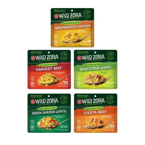 Wild Zora’s Quinoa Meals – All Flavors Variety 5-Pack includes Herb Roasted Chicken, Harvest Beef with Grass-Fed Beef, Baja Citrus Lentil, Greek Garden Lentil, and Fiesta Beef—all made with organic quinoa and colorful packaging.