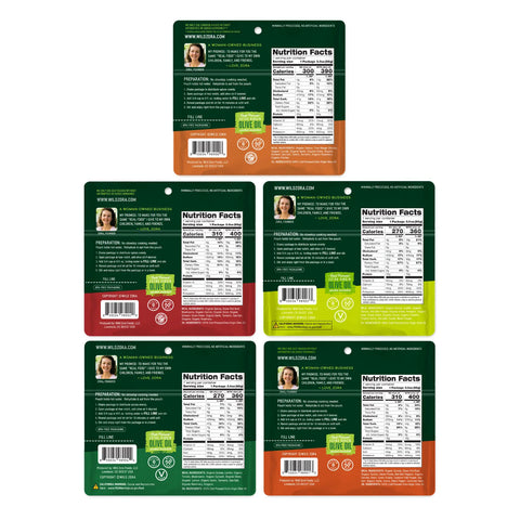 Five Wild Zora Quinoa Meals – All Flavors Variety 5-Pack packages are shown from the back, highlighting nutrition facts, preparation steps, website details, colorful bottoms, and a woman’s photo.