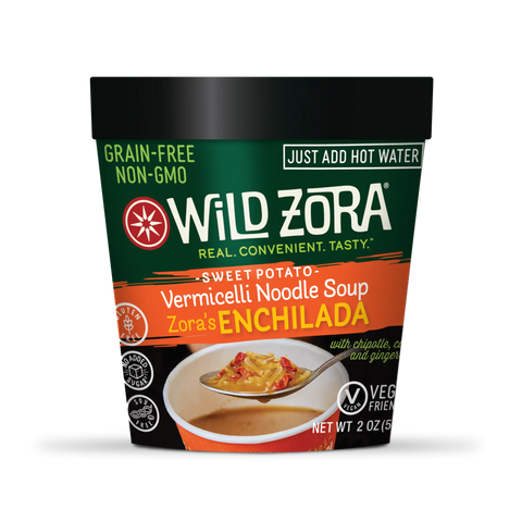 Wild Zora Vermicelli Noodle Soup, Vegan Enchilada (Single) is a gluten-free, non-GMO, vegan soup with sweet potato vermicelli—just add hot water!.