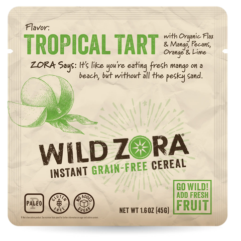 Front of a Wild Zora Instant Cereal - Tropical Tart With Mango, Pecans, Orange & Lime 10-Pack package—paleo, gluten-free, made with organic flaxseed and no added sugar; tropical flavors highlighted on the label.