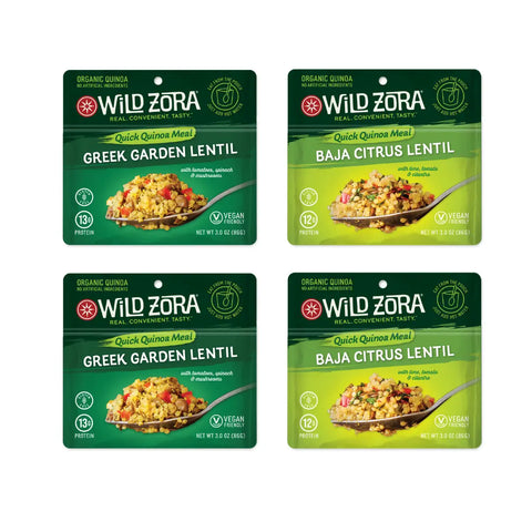 The Wild Zora Quinoa Meals – Variety Vegan 4-Pack includes Greek Garden Lentil and Baja Citrus Lentil flavors, labeled vegan with protein content, featuring Organic Quinoa for a wholesome choice on green and yellow packaging.