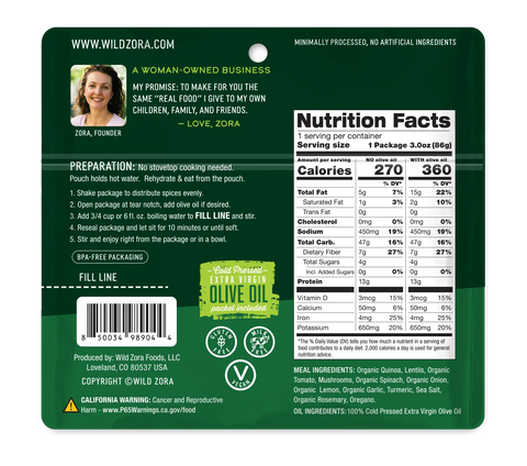 The back of a Wild Zora Quinoa Meals – Variety Vegan 4-Pack shows nutrition facts, prep steps, a founder photo, green olive oil label, barcode, organic quinoa and lentil ingredients, a fill line guide, and company info.