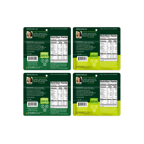 Four Wild Zora Quinoa Meals – Variety Vegan 4-Pack packages are shown from the back, displaying nutrition facts, ingredients like lentil and organic quinoa, a woman’s photo, website info, and Vegan Quick Quinoa Meals certification.