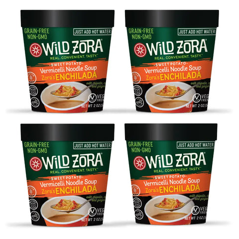 Four containers of Wild Zora Vermicelli Noodle Soup, Vegan Enchilada (4-Pack), featuring gluten-free, grain-free, non-GMO, and vegan noodles. Just add hot water to enjoy the soup; packaging displays a savory soup image.