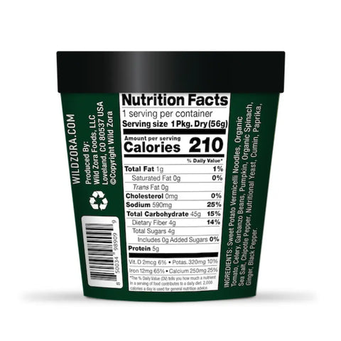 A green Wild Zora Vermicelli Noodle Soup, Vegan Enchilada (4-Pack) container shows nutrition facts: 210 calories, 1g total fat, 50g total carbs per serving; contains sweet potato vermicelli noodles. Label also displays ingredients and a barcode.