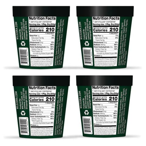Four black Wild Zora Vermicelli Noodle Soup, Vegan Enchilada (4-Pack) containers display nutrition facts with 210 calories per serving, recycling symbols, website info, and highlight gluten-free sweet potato vermicelli noodles.