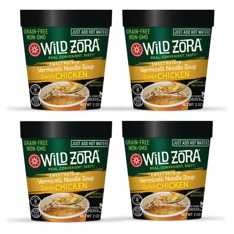 Four containers of Wild Zora Vermicelli Chicken Noodle Soup (4-Pack) are arranged in a square, showcasing their black lids and colorful labels featuring images of this gluten-free chicken noodle soup on the front.