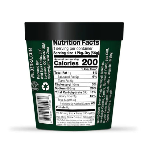 A green Wild Zora Vermicelli Chicken Noodle Soup (4-Pack) container shows nutrition facts and ingredients for gluten-free soup: 200 calories, 8g protein, 690mg sodium, and 1g total fat per serving. The Wild Zora logo is visible.