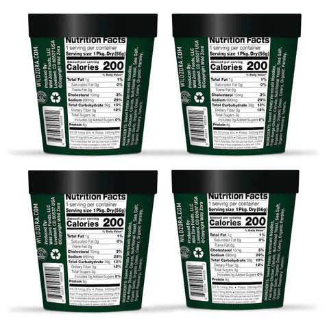 Four dark green Vermicelli Chicken Noodle Soup containers by Wild Zora are shown, each with a nutrition label listing 200 calories per serving and details on fat, carbs, and protein. Ideal for Paleo diets. Recycling symbols are also visible. (4-Pack).