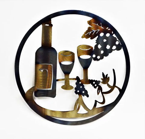Wine Bottle And Glasses Metal Wall Art – Custom Circular Decor | Made In USA Knights Home Decor  item