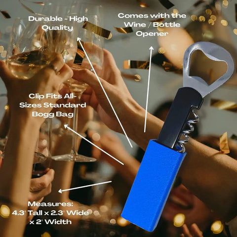 The BOGLETS Wine & Bottle Opener Charm by Chatelet Manufacturing is a handy, high-quality blue accessory compatible with Bogg Bags, featuring a bag clip and opener—perfect for celebrations and keeping your wine opener within reach.