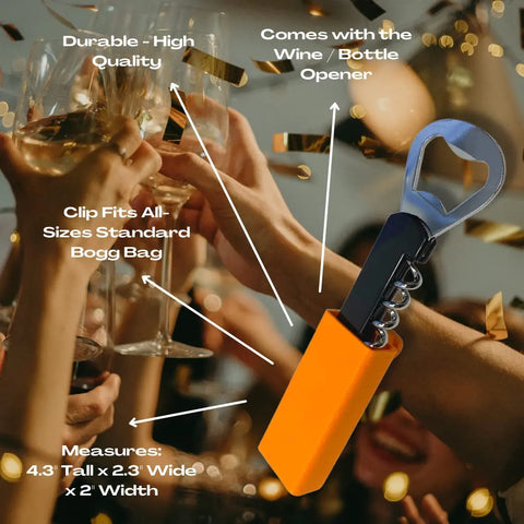 A group toasts with glasses among falling gold confetti. In front, a Chatelet Manufacturing BOGLETS Wine & Bottle Opener Charm, durable and 4.3x2.3x2, fits standard Bogg Bags—always keep an opener handy with your tote!.