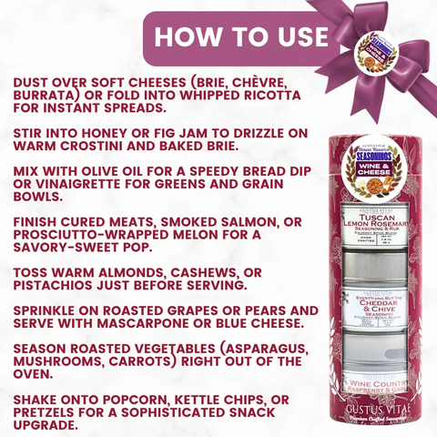 Wine & Cheese Seasonings Gift Set – Trio of Gourmet Blends 3-Pack | Made in USA Gustus Vitae  Collections & Gift Sets