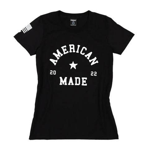 The Proudly USA American Made - Womens Cotton T-Shirt (Black) is 100% combed ring-spun cotton, with AMERICAN MADE 2022 and a white star on the front, plus an American flag on the right sleeve.