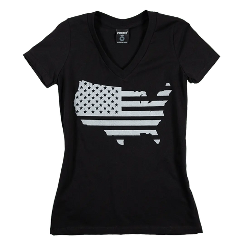 Show your pride in the Land That I Love with this Proudly USA womens cotton v-neck t-shirt in black, featuring a grayscale American flag graphic within a US map. Stylish and patriotic—perfect for any occasion!.