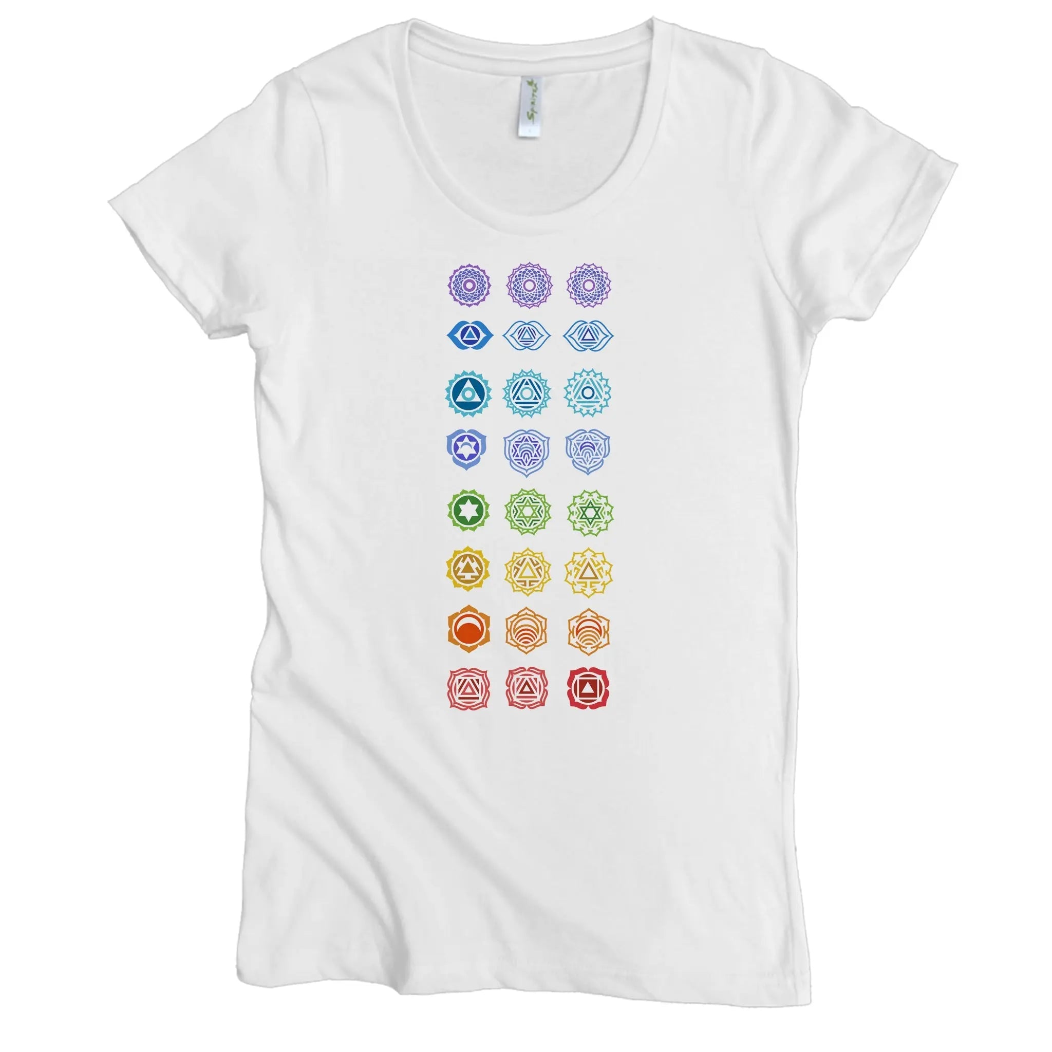 The Chakras Graphic Tee by Spiritex | Sustainable Apparel is a white fitted women’s shirt with seven mandala patterns in gradient colors, representing the chakras—an inspiring and sustainable graphic tee.