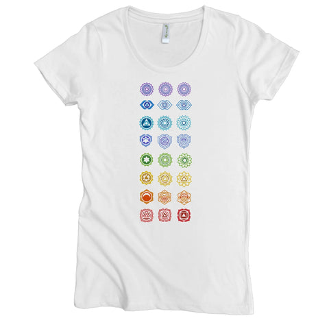 The Chakras Graphic Tee by Spiritex | Sustainable Apparel is a white fitted women’s shirt with seven mandala patterns in gradient colors, representing the chakras—an inspiring and sustainable graphic tee.