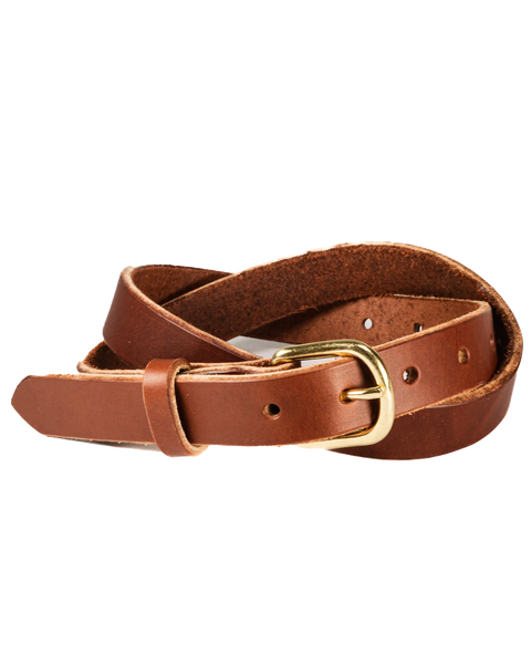 The Womens Standard Daily Belt No. 1505 by Homestead Brand is a coiled brown Latigo leather belt with a solid brass buckle, shown on a white background.