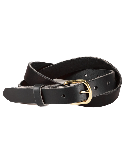 The Homestead Brand Womens Standard Daily Belt No. 1505, made of Latigo leather with a solid brass buckle, is coiled on a white background.