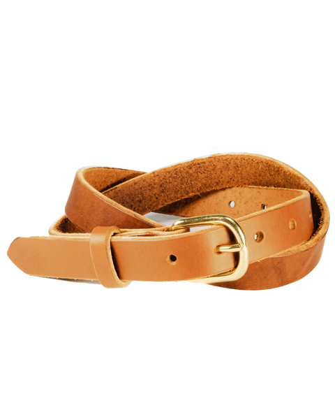 The Homestead Brand Womens Standard Daily Belt No. 1505, made from tan Latigo leather with a solid brass buckle, is shown coiled neatly on a white background.