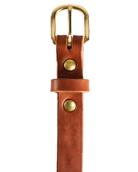 A close-up of the Homestead Brand Womens Standard Daily Belt No. 1505, featuring Latigo leather, a solid brass buckle, and two gold rivets, photographed against a white background.