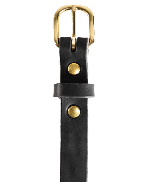 A close-up of the Homestead Brand Womens Standard Daily Belt No. 1505, featuring Latigo leather, a solid brass buckle, and round gold rivets, shown from the front on a white background.