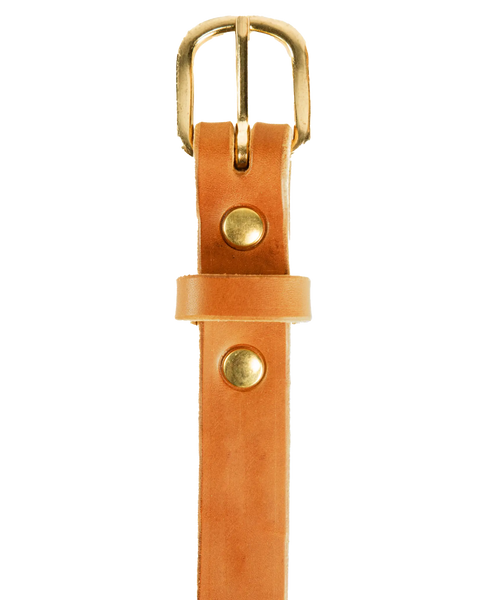 A close-up of the Homestead Brand Womens Standard Daily Belt No. 1505, made of Latigo leather with a gold solid brass buckle and rivets, shown vertically against a white background.