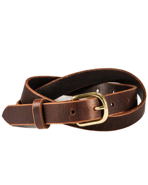 The Homestead Brand Womens Essential Belt No. 1509, crafted in the U.S.A. from coiled brown leather with a solid brass buckle, is shown on a white background.