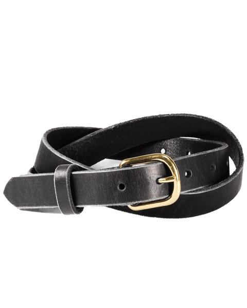 The Homestead Brand Womens Essential Belt No. 1509, featuring black leather and a solid brass buckle, is coiled loosely on a white background.