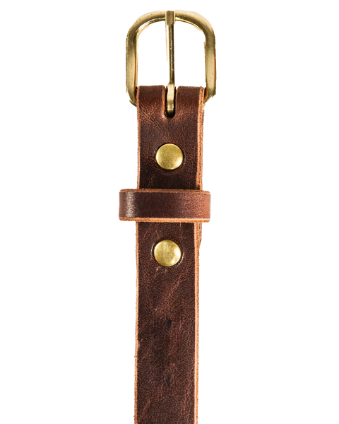 A close-up of the Homestead Brand Womens Essential Belt No. 1509, made in the U.S.A., with a solid brass buckle and two brass rivets, shown against a white background.