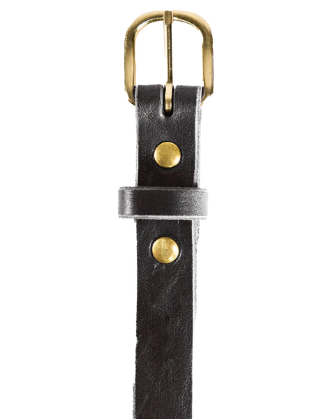 A close-up of the Homestead Brand Womens Essential Belt No. 1509 in dark brown leather with a shiny solid brass buckle and two gold rivets, displayed vertically on a white background. Made in the U.S.A.