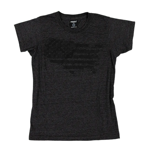 The Land That I Love Womens TriBlend T-Shirt by Proudly USA features a subtle, dark American flag graphic on heather charcoal for a stylish, patriotic look.