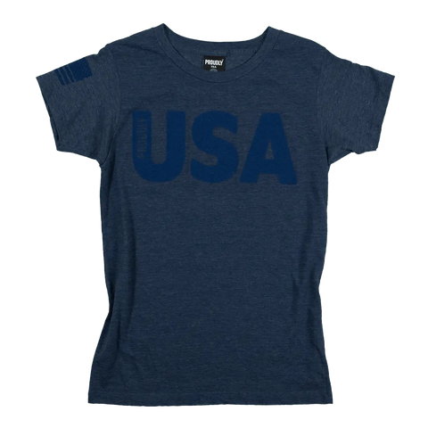 The Proudly USA - Womens TriBlend T-Shirt (Heather Denim) features bold USA lettering across the chest and a small American flag on the right sleeve. Brand: Proudly USA.