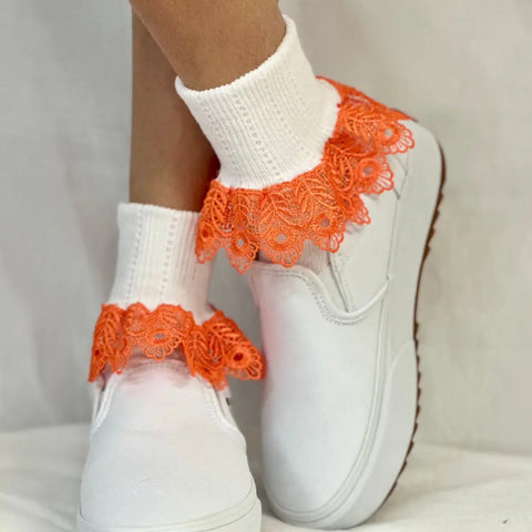Women’s Lace Trim Cuff Socks With Bright Orange Accent – Cozy Fall Fashion | Made in USA Catherine Cole  socks
