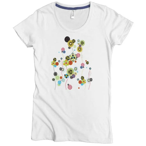 The Spiritex Flowing Flowers Graphic Tee is a white womens shirt featuring a vibrant abstract floral design with circular patterns, made from soft organic cotton.