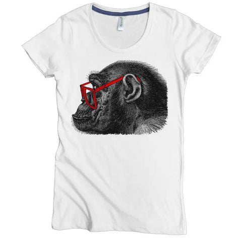 The Spiritex | Sustainable Apparel Gorilla in Glasses Graphic Tee is a women’s white tee made from 100% organic cotton, featuring a black and white chimpanzee head profile illustration with bold red glasses.