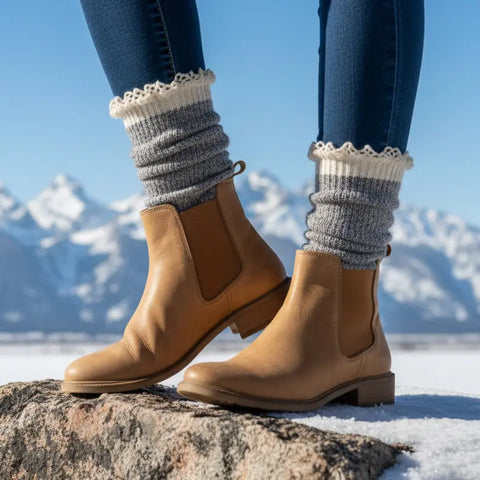 Women’s Organic Cotton Lace Crew Socks 8 Inch Grey – Sustainable Comfort Boot Sock | Handmade in USA Catherine Cole  Socks