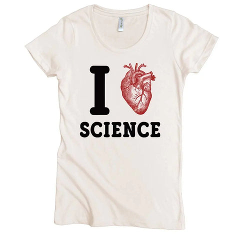 The Spiritex | Sustainable Apparel I Heart Science Graphic Tee (W) is a womens organic cotton tee with I [anatomical heart] SCIENCE and a realistic anatomical heart graphic.