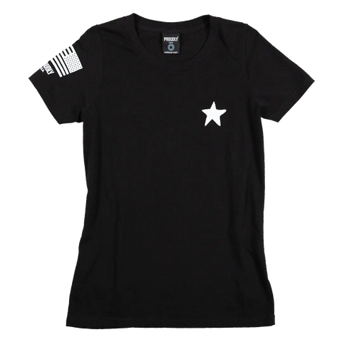 The Proudly USA Proudly Star Womens Cotton T-Shirt in black features a white star on the left chest and a white American flag on the right sleeve. Made in USA.
