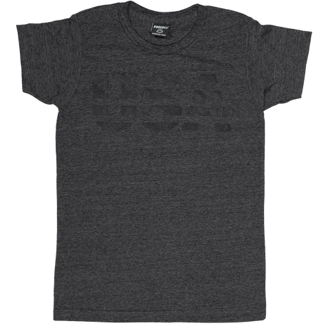 The Proudly USA Patriotic USA Womens TriBlend T-Shirt in heather charcoal features short sleeves, a round neckline, and a subtle chest print, shown laid flat on a white background.