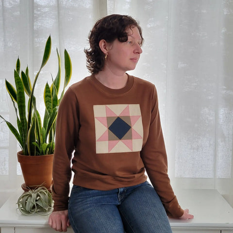 Women's Quilt Block Sweatshirt – Organic Cotton Blend French Terry Pullover | Made in USA Cozy Apparel Adventure Clothes Company  Womens